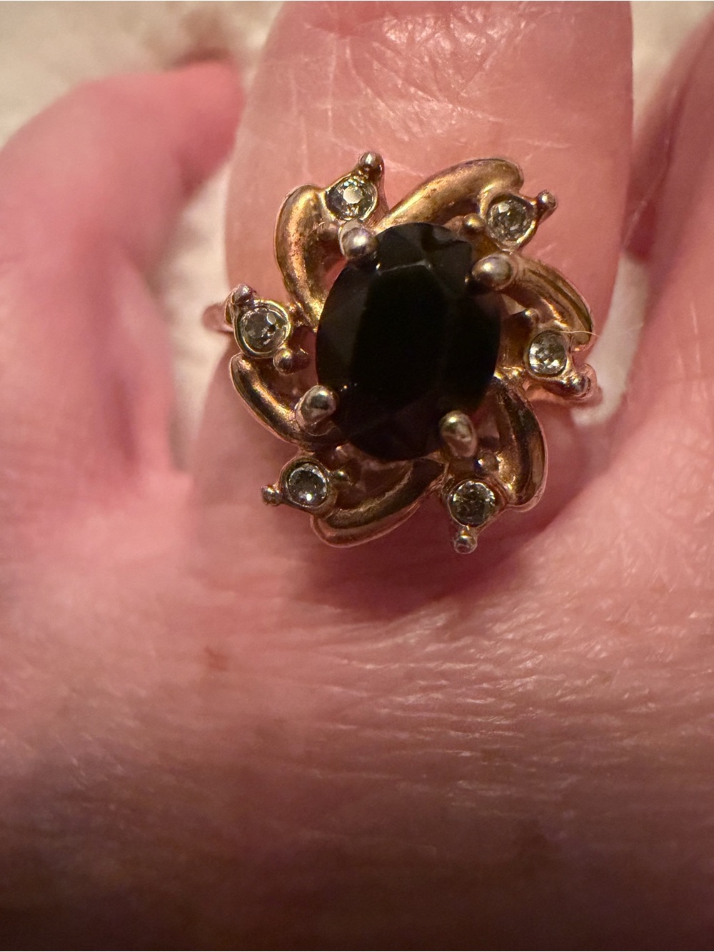 Gold-Tone Black Stone Floral Statement Ring - Women Jewelry
